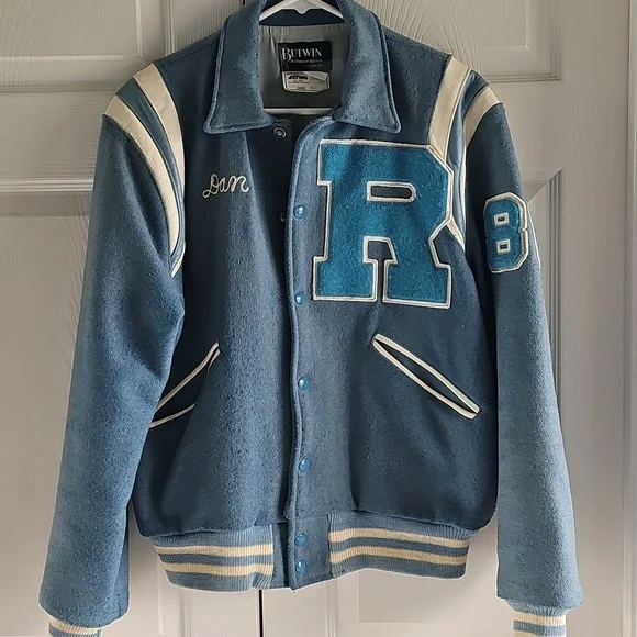Vintage Butwin Wool Varsity High School Jacket Light Blue & White + Pins Dan